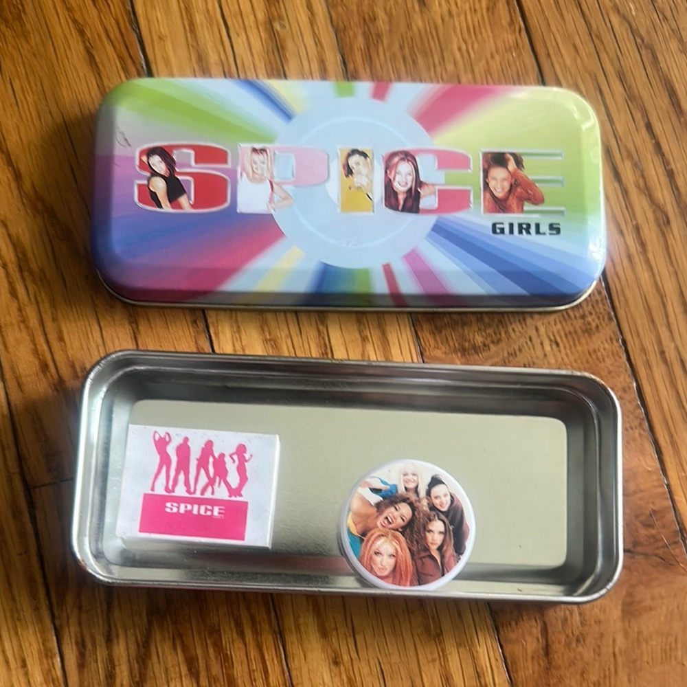Spice Girls Tin (pencil) Box with unused eraser and pencil sharper! 1990s